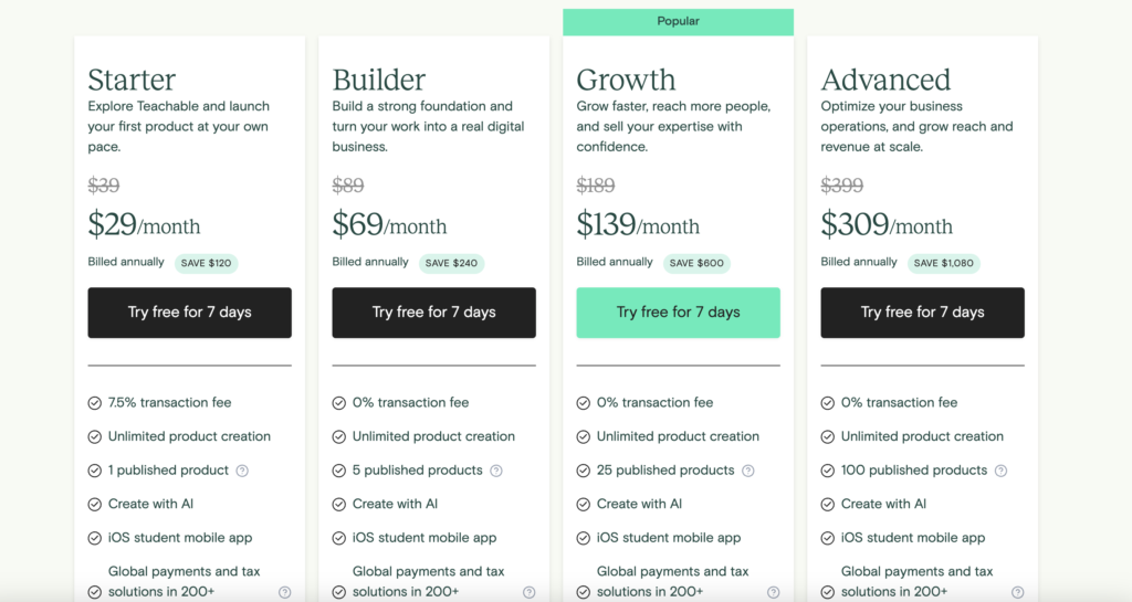 Teachable Pricing